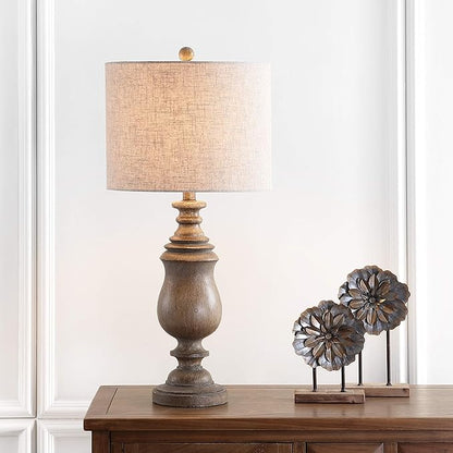 JONATHAN Y 28.5" Brown Faux Wood Resin Table Lamp, Traditional Balustrade Nightstand Lamp for Living Room Bedroom, Gray Linen Drum Shade, UL Listed, LED Bulb Included JYL3041A