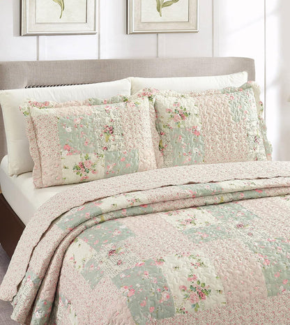 Brilliant Sunshine Rose and Sage Quilt Set, 3-Piece Bedding Sets, Traditional Patchwork Design, Washable and Reversible Bedspread, Soft Lightweight Coverlet, All-Season, Full/Queen, Light Pink Green