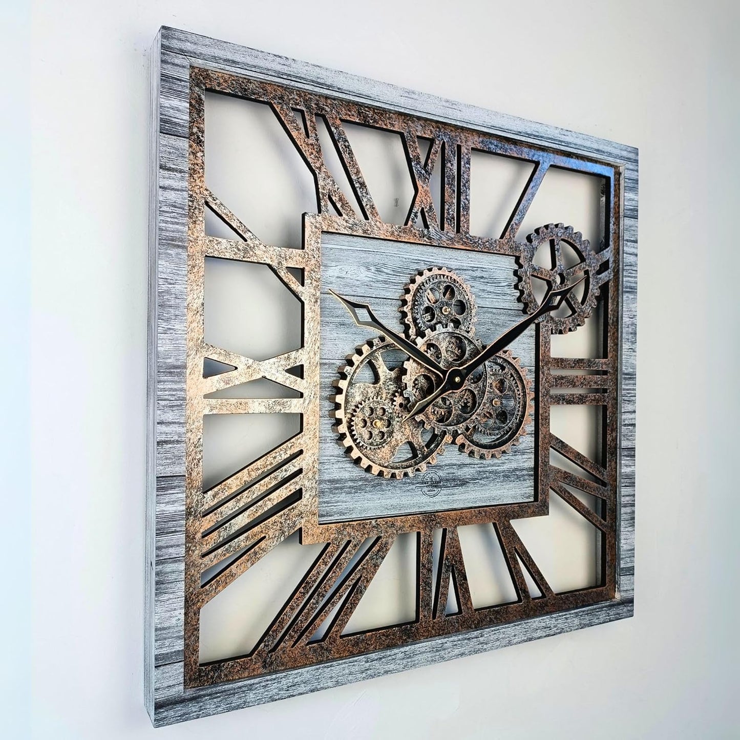 The Gears Clock 24'' Inch Square Real Moving Gear Wall Clock Vintage Industrial Oversized Rustic Farmhouse (Silver Grey)