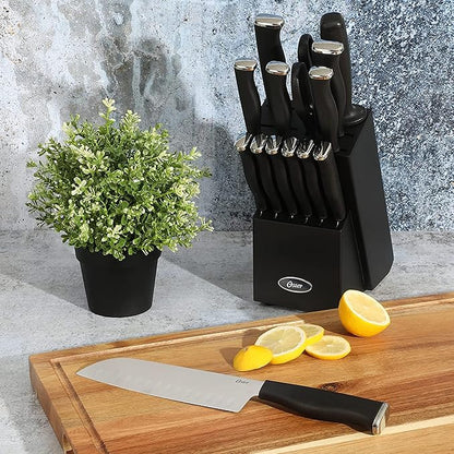 Oster Langmore 15-Piece Stainless Steel Knife Block Set with Black Handles – Full Kitchen Cutlery Set in Black Storage Box