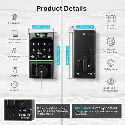 Miko i7 App & WiFi Smart Lock for Front Door - Fingerprint Keyless Entry Door Lock Deadbolt with Key Fob, Keypad, Auto Lock and Doorbell for Front Door, Waterproof & Easy Installation, Black