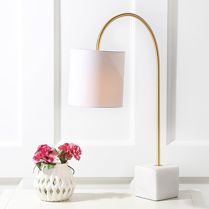 JONATHAN Y 25" Marble and Brass Gold Modern Arched Table Lamp, Contemporary Iron Desk Lamp with White Linen Drum Shade for Bedroom Living Room, LED Bulb Included JYL5023A