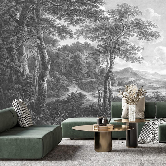 -Vintage Forest Fabric Wallpaper Grey Tree Mural Living Room 140" x 91" (Not Peel and Stick)