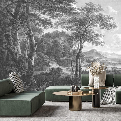 -Vintage Forest Fabric Wallpaper Grey Tree Mural Living Room 100" x 65" (Not Peel and Stick)