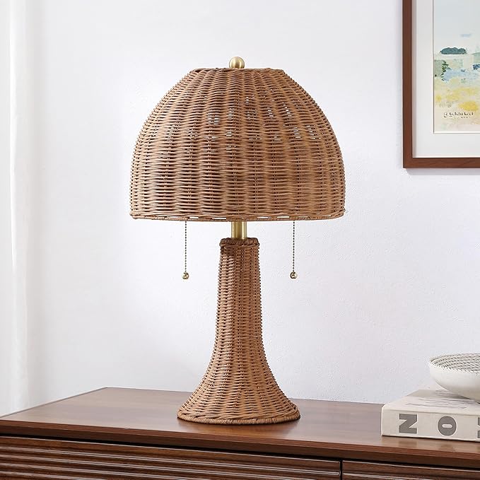 JONATHAN Y 22" Dark Brown/Brass Gold Bohemian Rustic LED Table Lamp for Bedroom, Natural Rattan Shade, Farmhouse Coastal Nightstand Lamp for Living Room, LED Bulbs Included (JYL4040C)