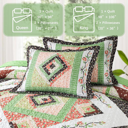 VAPUTAR Quilt King Size Bedding Set - Soft King Size Quilt Set for All Season, Lightweight Reversible Coverlet Bedspread for Farmhouse Bedroom (98 × 106 Inch), Green