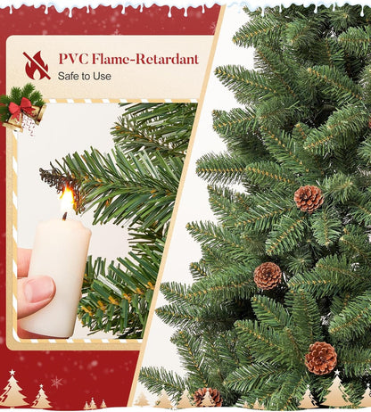 Decoway 6FT Artificial Christmas Tree: Unlit Green Xmas Pine with Pinecones and Metal Stand for Indoor - Holiday Decoration for Porch Living Room Easy Assembly