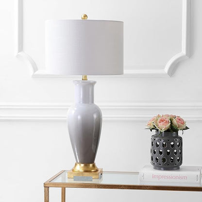 JONATHAN Y 31.5" White/Gray Dip Dye Ceramic Table Lamp for Living Room, Large Bedside Lamp for Bedroom with White Linen Drum Shade, Traditional End Table Light, LED Bulb (JYL3017B)