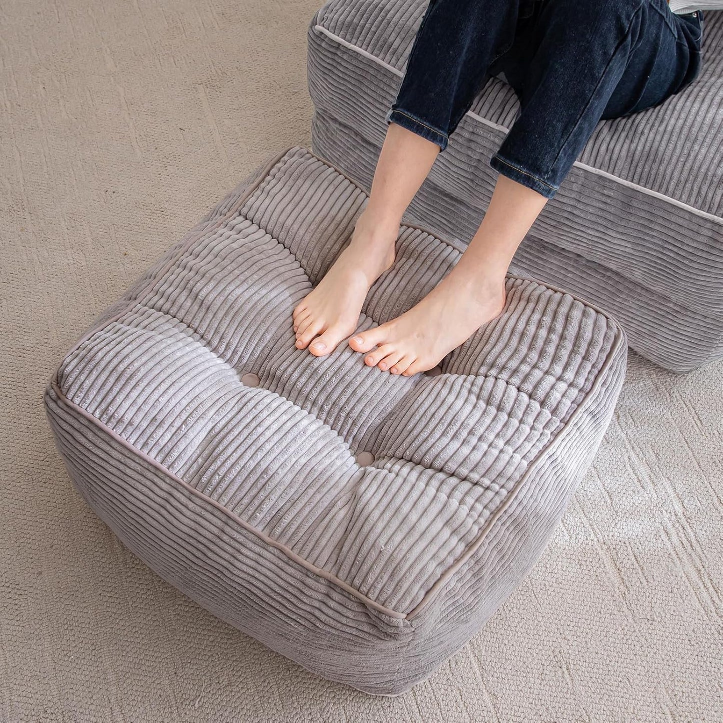 HIGOGOGO Square Stuffed Pouf Ottoman, Corduroy Poufs with Foam Chunk Filling, Furry and Fluffy Pouf Foot Stool Storage Ottoman, 21 X 21 Floor Poufs Foot Rest for Living Room, Grey