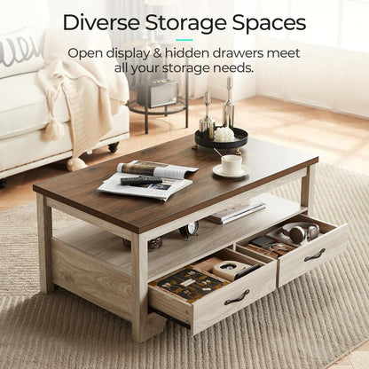 LINSY HOME Farmhouse Coffee Table with Storage, Wood Coffee Table for Living Room, Open Display Area and Storage Drawers with Metal Handles, Chic Style with Curved Base. Oak and Brown