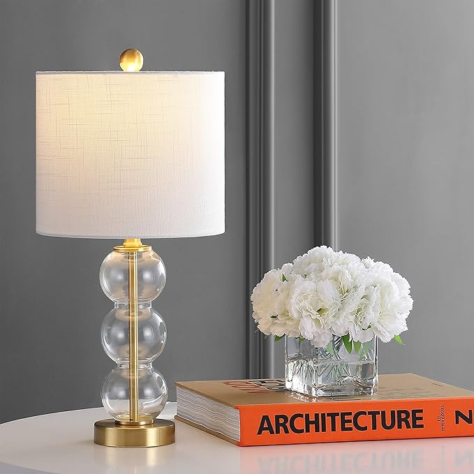 JONATHAN Y 21" Clear/Brass Gold Glass Table Lamp for Bedroom and Living Room, White Linen Shade, Modern Stacked Sphere Bedside Lamp, LED Bulb Included (JYL1021B)