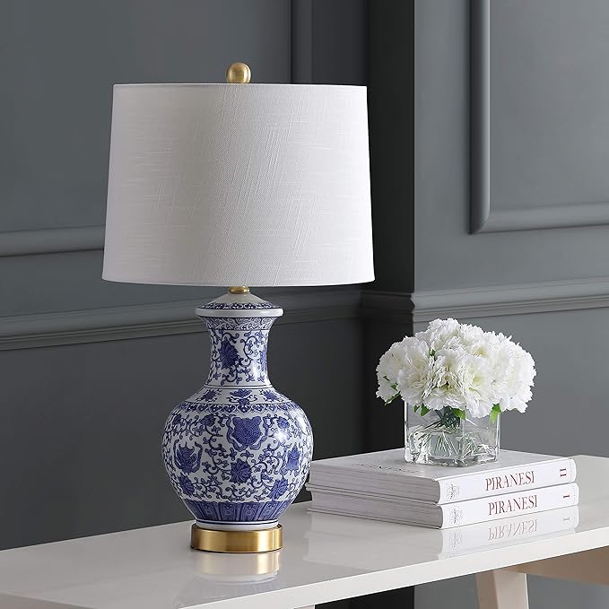 JONATHAN Y 25.25" Blue/White Ceramic Ginger Jar Table Lamp Set of 2, Traditional Brass Gold Base for Living Room Bedroom, White Linen Drum Shade, LED Bulbs Included JYL1072A-SET2