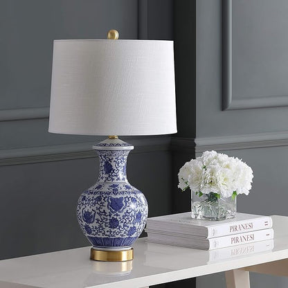 JONATHAN Y 25.25" Blue/White Ceramic Ginger Jar Table Lamp Set of 2, Traditional Brass Gold Base for Living Room Bedroom, White Linen Drum Shade, LED Bulbs Included JYL1072A-SET2