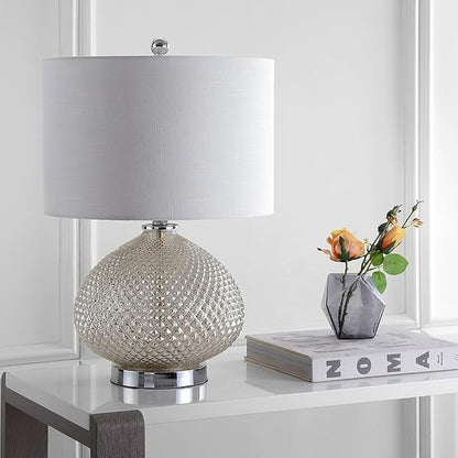 JONATHAN Y 22.5" Mercury Silver Textured Glass Table Lamp, Contemporary Nightstand Lamp for Living Room Bedroom, White Linen Drum Shade, LED Bulb Included JYL1082A