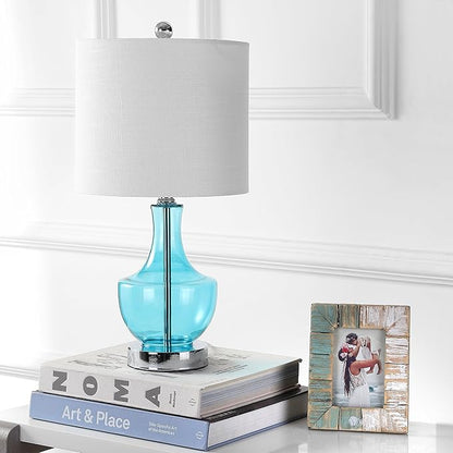 JONATHAN Y 20" Amalfi Blue Glass Mini Table Lamp, Modern Bedside Lamp for Bedroom, White Linen Drum Shade, Teardrop Glass Base, LED Bulb Included, UL Listed (JYL1029C)