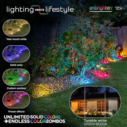 Enbrighten Vibe Eternity Garden Lights, 50ft, 12 RGBWIC LEDs, Waterproof, Uplights, Outdoor Landscape Lighting, Home Exterior Spotlight, Smart App, Compatible with Alexa, Google Home, 83790