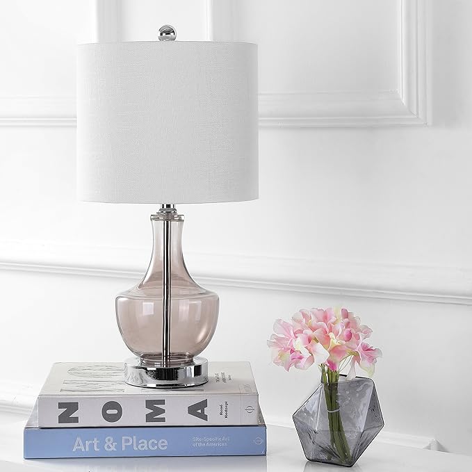 JONATHAN Y 20" Smoke Gray Glass Mini Table Lamp, Modern Bedside Lamp for Bedroom, White Linen Drum Shade, Teardrop Glass Base, LED Bulb Included, UL Listed (JYL1029D)