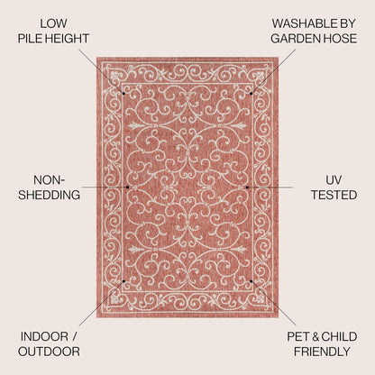 JONATHAN Y Vintage Filigree Indoor Outdoor Round Area Rug 8 Ft Red/Beige, Charleston Textured Weave for Backyard, Patio, Porch, Easy-Cleaning, High Traffic, Pet-Friendly, Non-Shedding (SMB106B-8R)