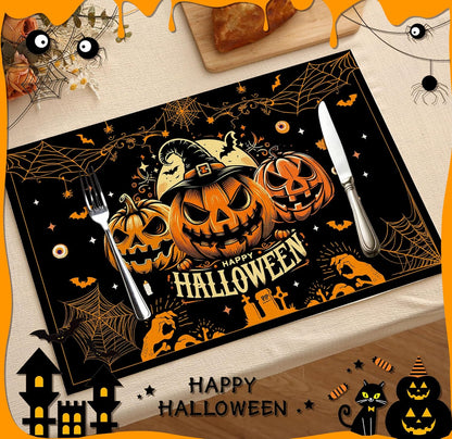 Halloween Spooky Placemats Set of 4, 12x18 Inch Pumpkin Bat Table Mats, Washable Heat Resistant Place Mats for Kitchen Dining Table, Halloween Themed Decoration for Home-B05
