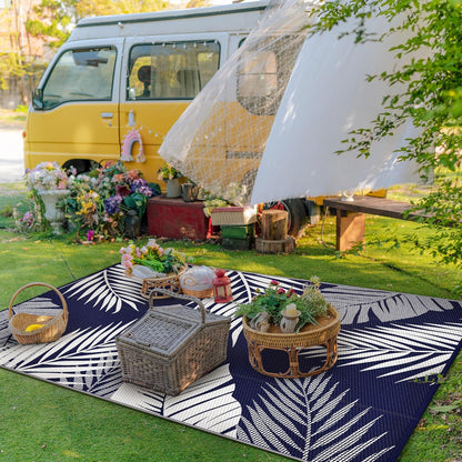 GENIMO Outdoor Rug 6' x 9' Waterproof for Patios Clearance, Reversible Outdoor Plastic Straw Camping Rug Carpet, Large Area Rugs Mats for RV, Camper, Deck, Balcony, Porch, Beach, Navy Blue&White