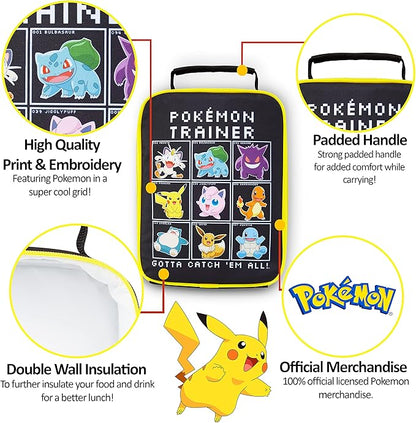 Pokemon Lunch Bag Boys Girls Anime Pikachu Insulated Lunch Box Kids Cooler Bag for Snacks Daycare Travel Picnic School Supplies Gifts for Kids(Black)