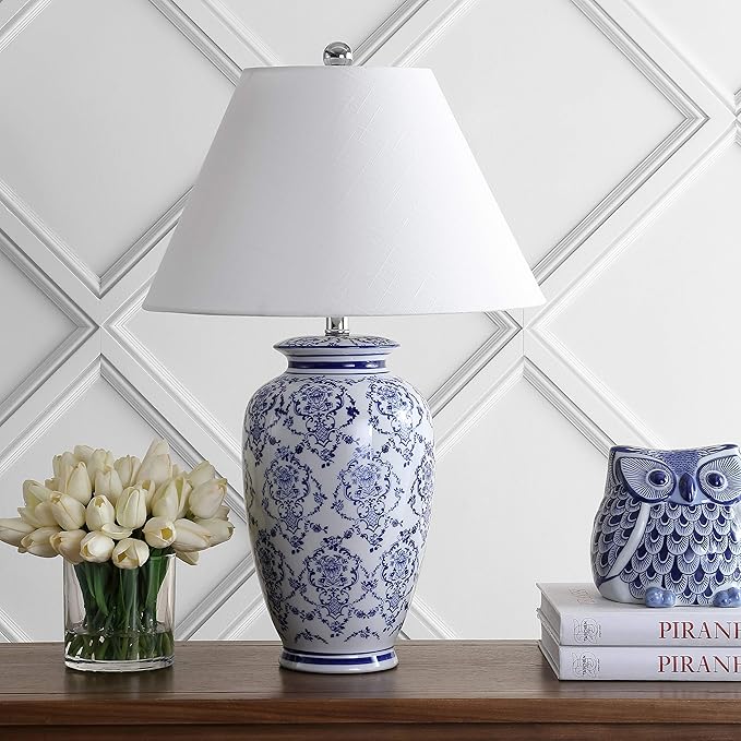 JONATHAN Y 26.25" Blue/White Chinoiserie Ceramic Table Lamp, Traditional Asian-Inspired Urn Lamp for Living Room Bedroom, White Linen Shade, LED Bulb Included JYL8023A