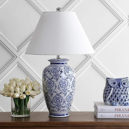 JONATHAN Y 26.25" Blue/White Chinoiserie Ceramic Table Lamp, Traditional Asian-Inspired Urn Lamp for Living Room Bedroom, White Linen Shade, LED Bulb Included JYL8023A