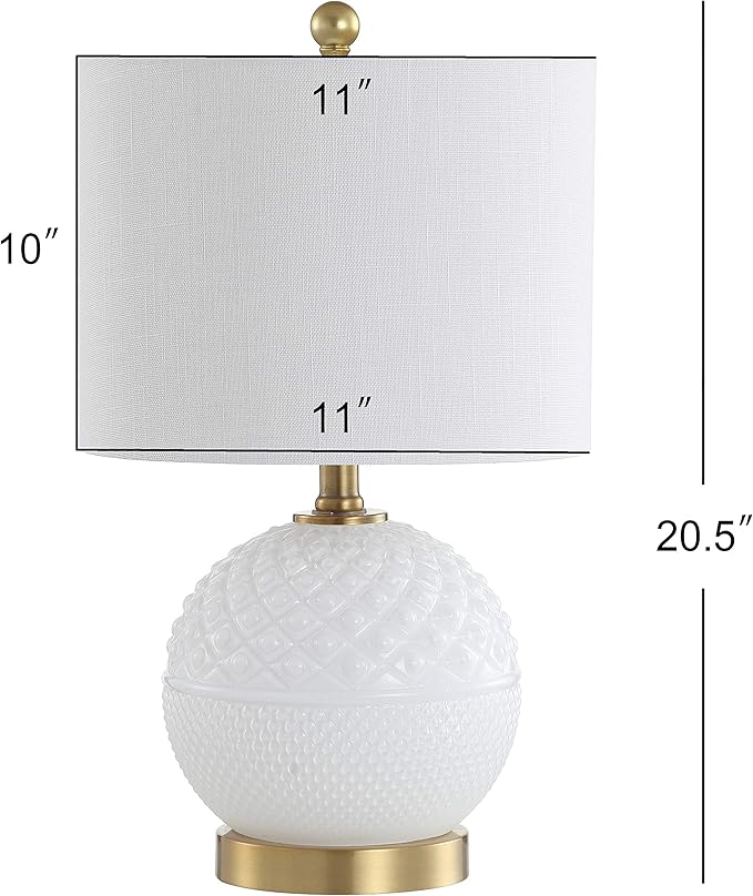 JONATHAN Y 20.5" White/Brass Gold Glass/Metal Table Lamp, Contemporary Hobnail Texture Globe Lamp with White Linen Shade for Living Room Bedroom, LED Bulb Included JYL1040A