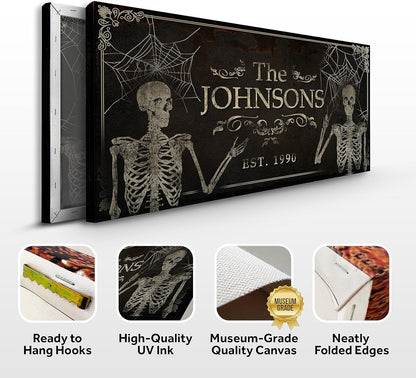 Tailored Canvases Gothic Family Wall Decor - Personalized Grunge Vintage Skeleton Room Decor for Home, Halloween Lovers, Men & Women for Bedroom, Living Room - Goth Spooky, Custom Couple Name, 20"x10"