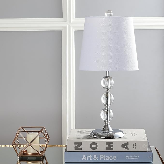 JONATHAN Y 20" Clear Crystal Mini LED Table Lamp, Chrome Modern Traditional Bedside Lamp with White Linen Drum Shade for Living Room Bedroom, UL Listed, LED Bulb Included JYL2026A