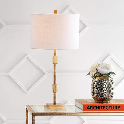 JONATHAN Y 29" Gold Leaf Modern Geometric Column LED Table Lamp, Transitional Iron Desk Lamp for Living Room Bedroom, White Linen Drum Shade, UL Listed, LED Bulb Included JYL3037A
