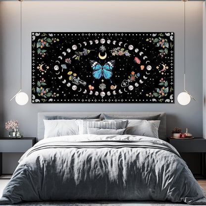 Canvas Wall Art Prints Blue Boho Wall art Decor Abstract Canvas Art Wall Decor Wall Pictures for Living Room Vintage Butterfly Wall Art Moon Flower Large Artwork for Walls Home Room Decor 24"X48"