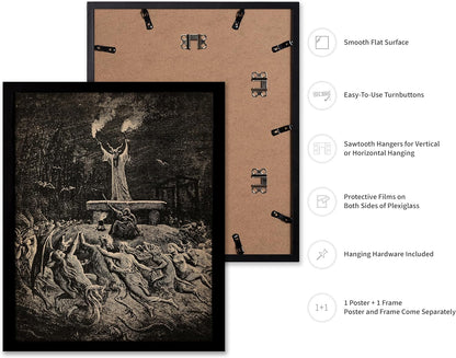 Poster Master Vintage Gustave Dore Poster - Retro Illustration Print - Gift for Gothic, Horror Fan - Dance of Sabbath, Witch, Magic, Spell - Wall Decor for Bedroom, Dorm, 11x14 Black Framed