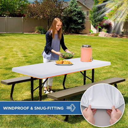 Fitted Tablecloth for 8 Foot Rectangle Tables-2 Pack White Elastic Outdoor Picnic Table Cover-Spandex Stretch Folding Table Cloths 8ft for Camping Dining Room Patio Kitchen Banquet Party