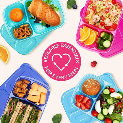 Bentgo Easyboxes - Original Stackable Lunch Boxes - Reusable 3-Compartment Food Containers for Kids and Adults - Bento Lunch Box for Meal Prep, School, & Work - BPA Free, Set of 10 (Jewel Brights)