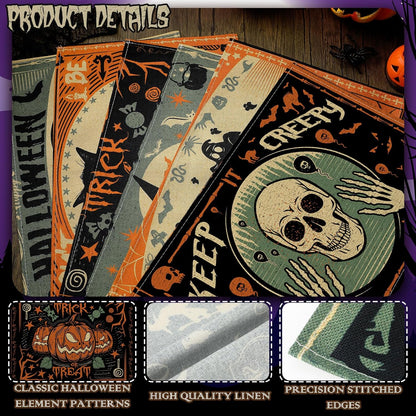 Umigy 6 Pcs Halloween Placemats 12"x18" Gothic Bat Placemats Kitchen Decoration Washable Witch Place Mats Rectangle Skull Table Mats for Halloween Dining Table Accessories(Scary)