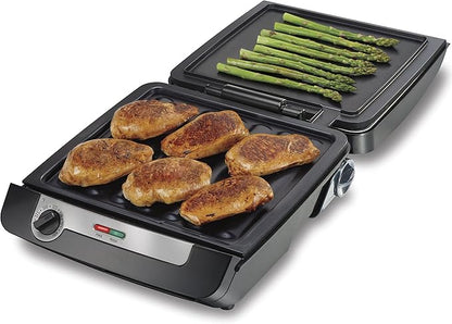 Hamilton Beach 4-in-1 Indoor Grill & Electric Griddle Combo with Bacon Cooker, Opens Flat to Double Cooking Surface, Removable Nonstick Plates, Black & Silver (25601)