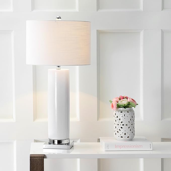 JONATHAN Y 31.5" White Ceramic Table Lamp with Chrome Base for Living Room, White Linen Drum Shade, Modern Bedside Lamp for Bedroom Office Nightstand, LED Bulb Included JYL8021A