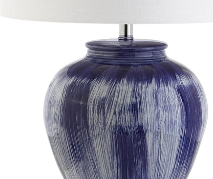 JONATHAN Y 26" Seaside Blue Ceramic LED Table Lamp, Coastal Glam Reactive Glaze Lamp with Crystal Base for Living Room Bedroom, White Linen Drum Shade, LED Bulb Included JYL5013A