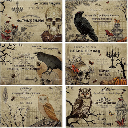 Umigy 6 Pcs Halloween Placemats 12"x18" Gothic Bat Placemats Kitchen Decoration Washable Witch Place Mats Rectangle Skull Table Mats for Halloween Dining Table Accessories(Poster Style)