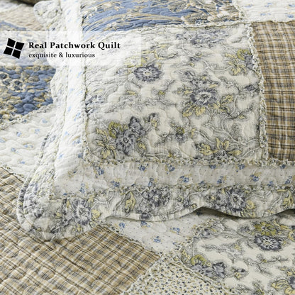 Yvooxny Quilt Set King Size Reversible Country Farmhouse Floral Real Patchwork Quilted Bedspread 3-Piece Quilt Set with Pillowcases with Ruffles for All Seasons, 96 x 108 Inches