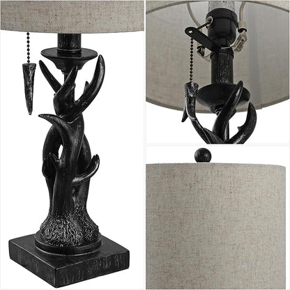 JONATHAN Y 20.5" Antique Black Rustic Antler Table Lamp for Bedroom Farmhouse Decor, Mini Faux Antler Desk Lamp with Gray Linen Shade, Lodge Cabin Nightstand Lamp, LED Bulb (JYL1031B)
