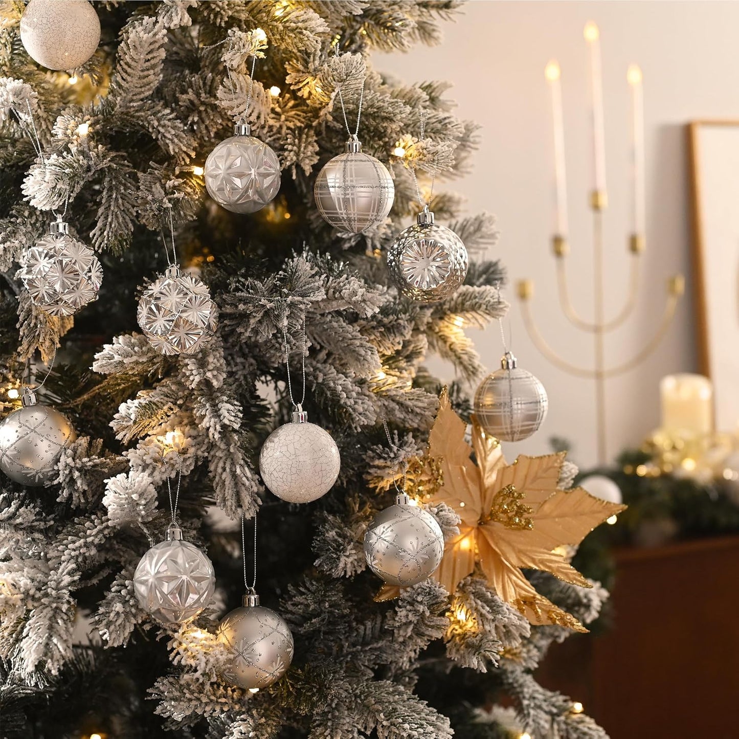 Valery Madelyn Ornaments for Christmas Trees, 16ct 2.36 Inches White and Silver Shatterproof Christmas Tree Decorations, Luxury Hanging Ball Ornaments for Xmas Holiday Party Decor