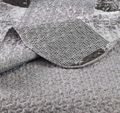 Brilliant Sunshine Grey Toile Floral Patchwork, 3-Piece Quilt Set with 2 Shams, Reversible Bedspread, Soft Lightweight Coverlet, All-Season, King, Grey