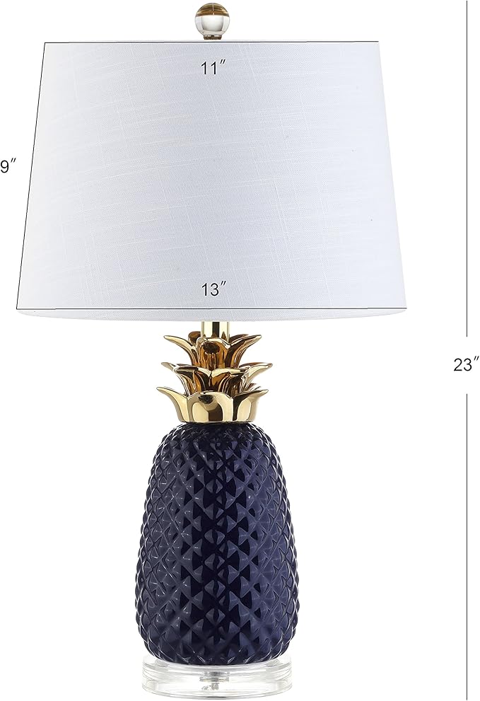 JONATHAN Y 23" Navy Blue/Gold Pineapple Ceramic Table Lamp for Bedroom Decor, Modern Whimsical Bedside Nightstand Lamp with White Linen Drum Shade and LED Bulb JYL4019A