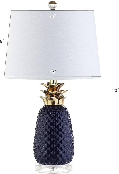JONATHAN Y 23" Navy Blue/Gold Pineapple Ceramic Table Lamp for Bedroom Decor, Modern Whimsical Bedside Nightstand Lamp with White Linen Drum Shade and LED Bulb JYL4019A