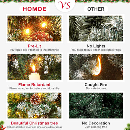 Homde Pencil Christmas Tree 6 Foot Pre-Lit Artificial Christmas Tree with Flocked Snow Pine Cone 160 Warm White Lights Holiday Decor