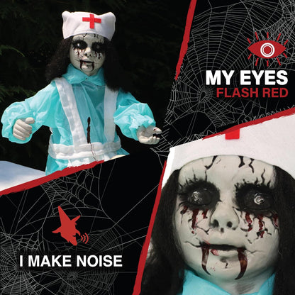 Haunted Hill Farm 1.8 ft. Groundbreaker Zombie Nurse Animatronic with Flashing Red Eyes and Poseable Arms, Creepy Halloween Decoration with Sound Effects, Battery Operated Prop