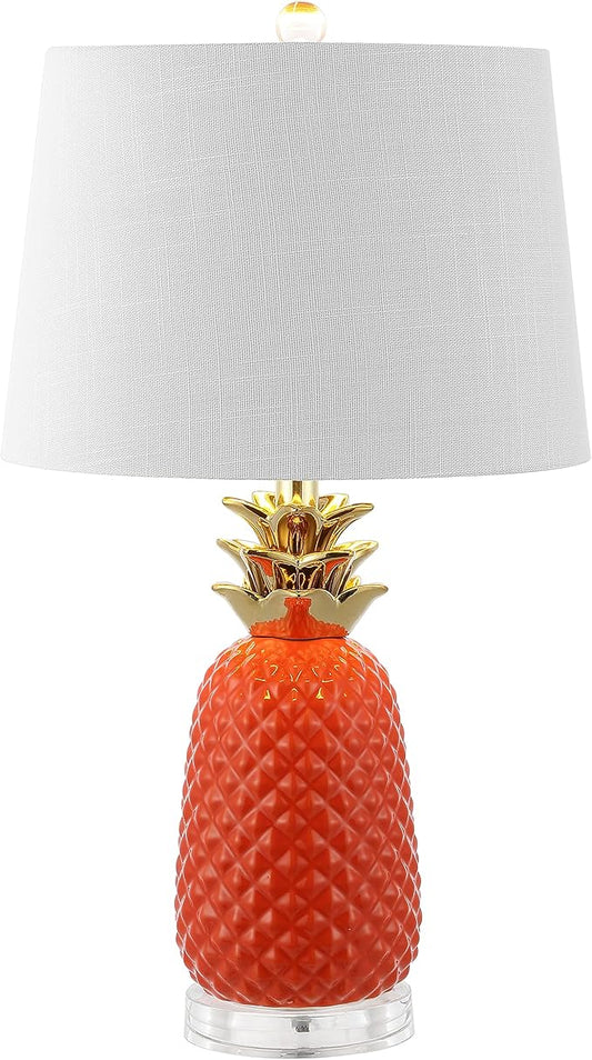 JONATHAN Y 23" Orange/Gold Pineapple Ceramic Table Lamp for Bedroom Decor, Modern Whimsical Bedside Nightstand Lamp with White Linen Drum Shade and LED Bulb (JYL4019E)