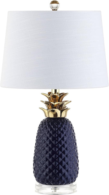 JONATHAN Y 23" Navy Blue/Gold Pineapple Ceramic Table Lamp for Bedroom Decor, Modern Whimsical Bedside Nightstand Lamp with White Linen Drum Shade and LED Bulb JYL4019A